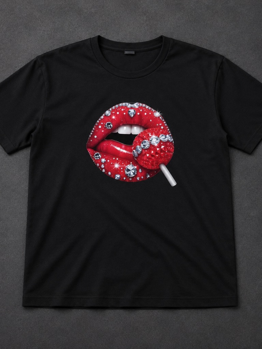 Women's Black T-Shirt with Red Crystal Lip Graphic size Large